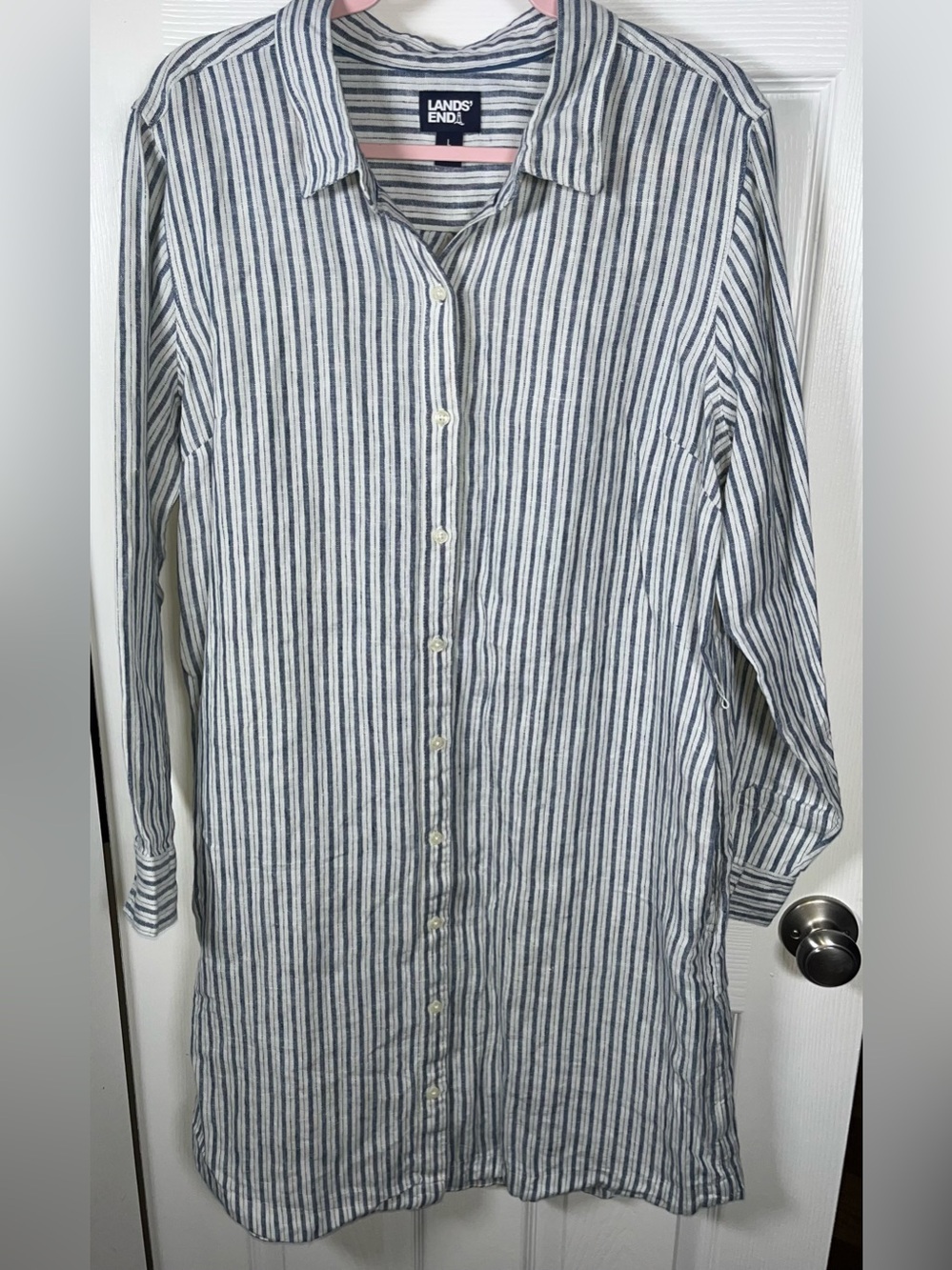 Women’s Lands’ End Striped Shirt Dress Blue White 100% Linen Long Sleeve Button